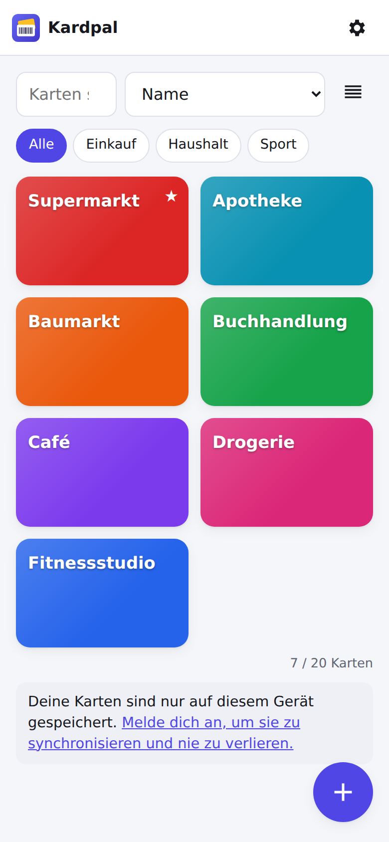 Liste der Kundenkarten in Kardpal
