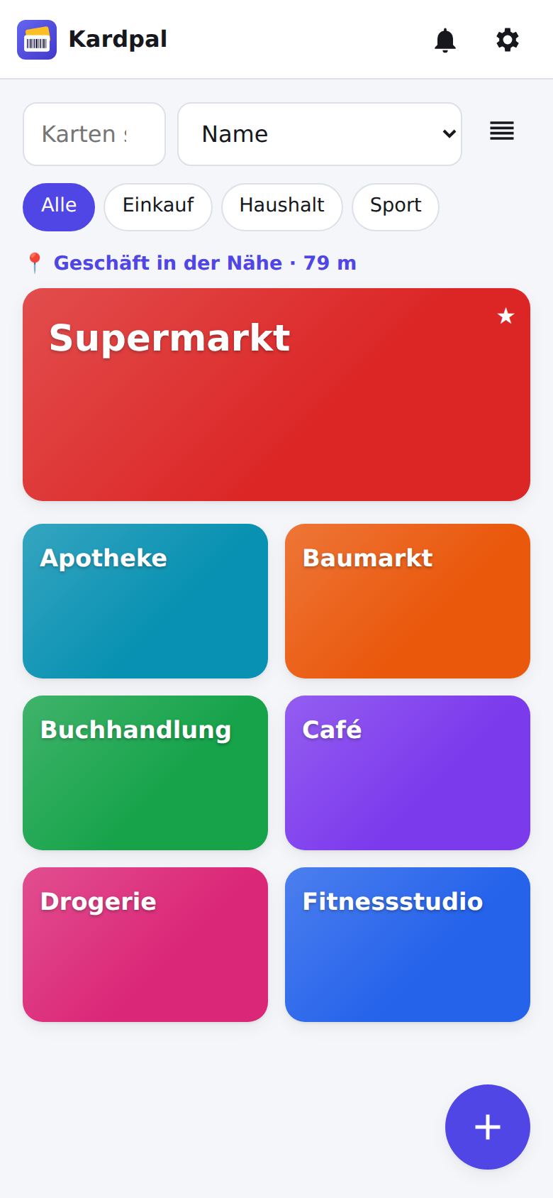 Die Karte des nahen Supermarkts oben in der Liste, mit Entfernung