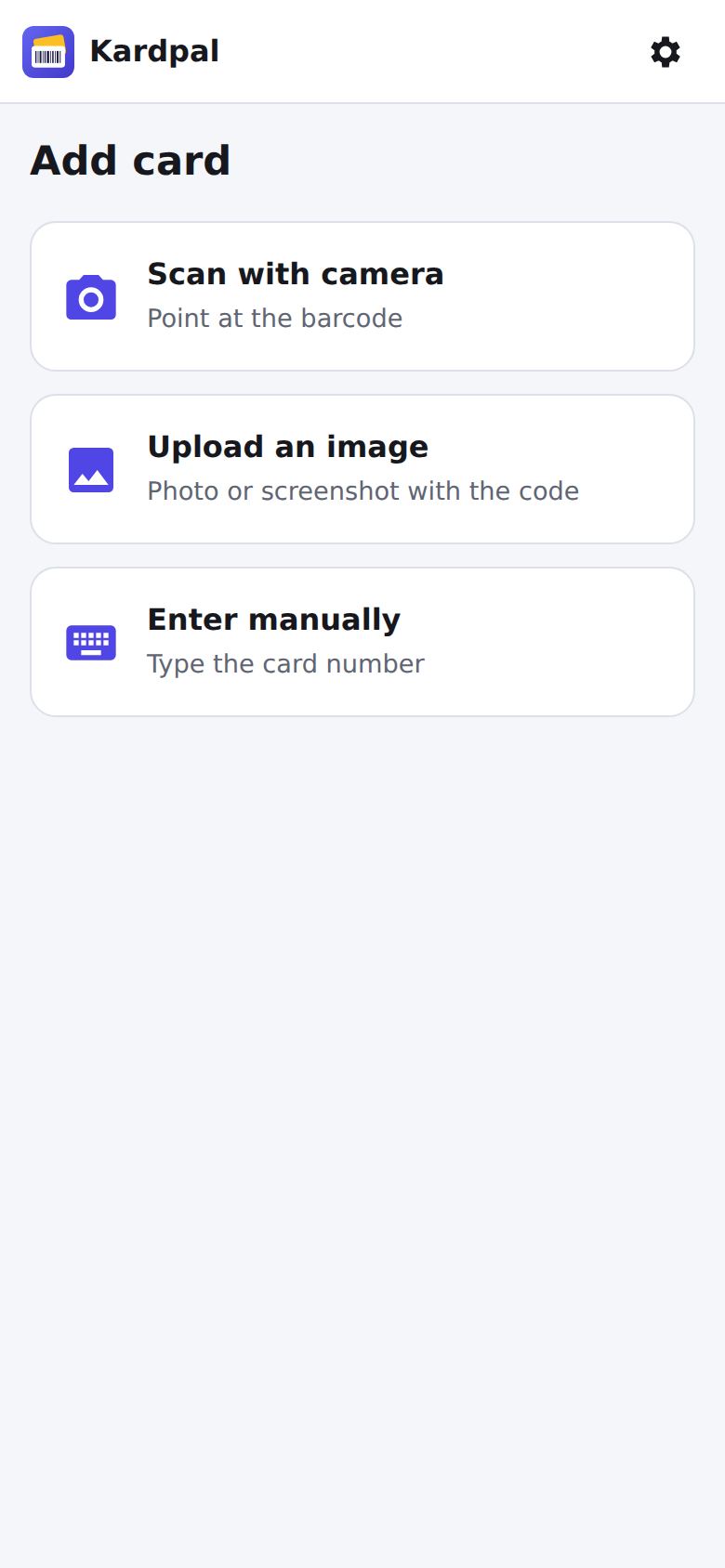 Screen for adding a new card