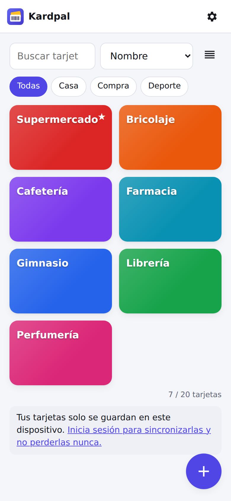 Lista de tarjetas de fidelización en Kardpal