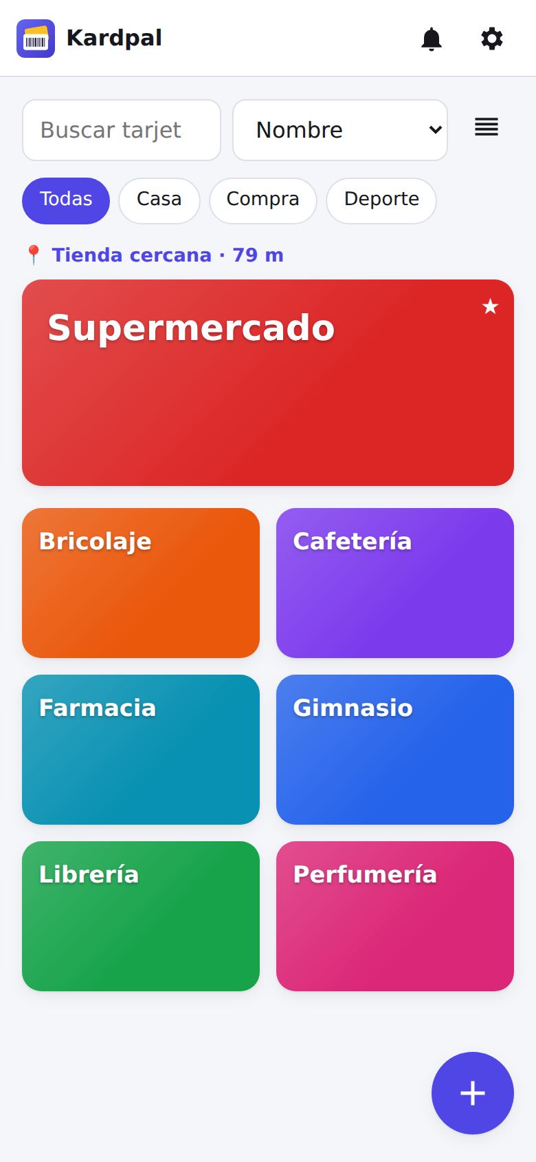 La tarjeta del supermercado cercano arriba de la lista, con la distancia