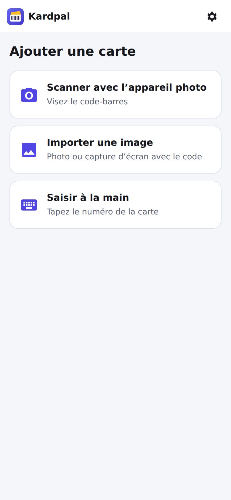 Écran d'ajout d'une nouvelle carte
