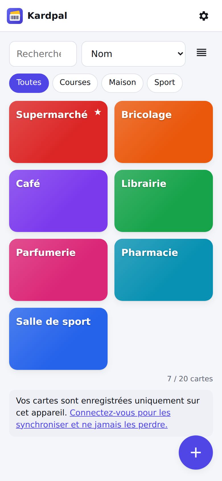 Liste des cartes de fidélité dans Kardpal