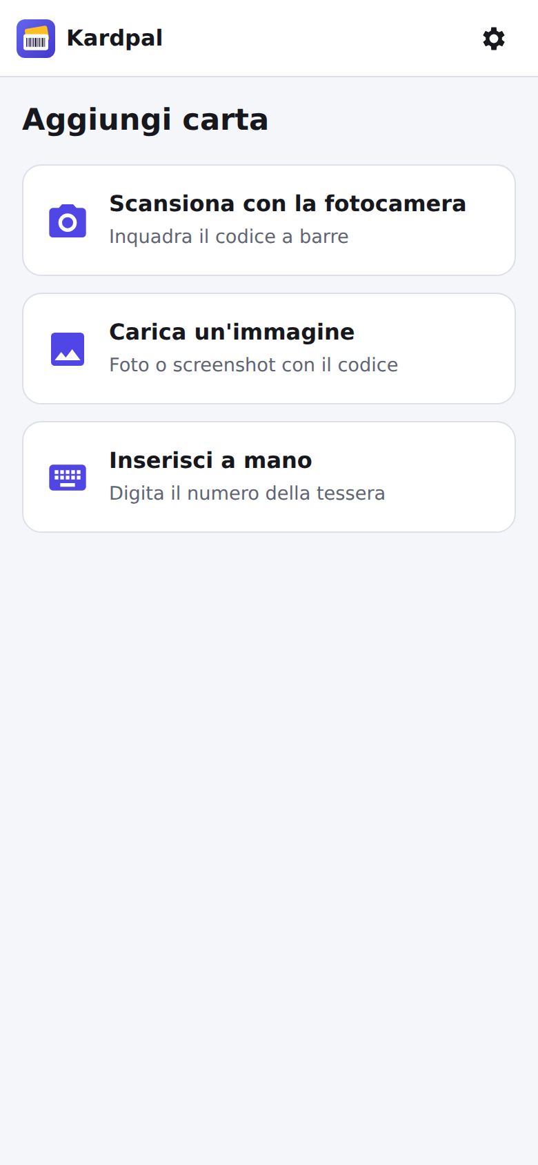 Schermata per aggiungere una nuova carta