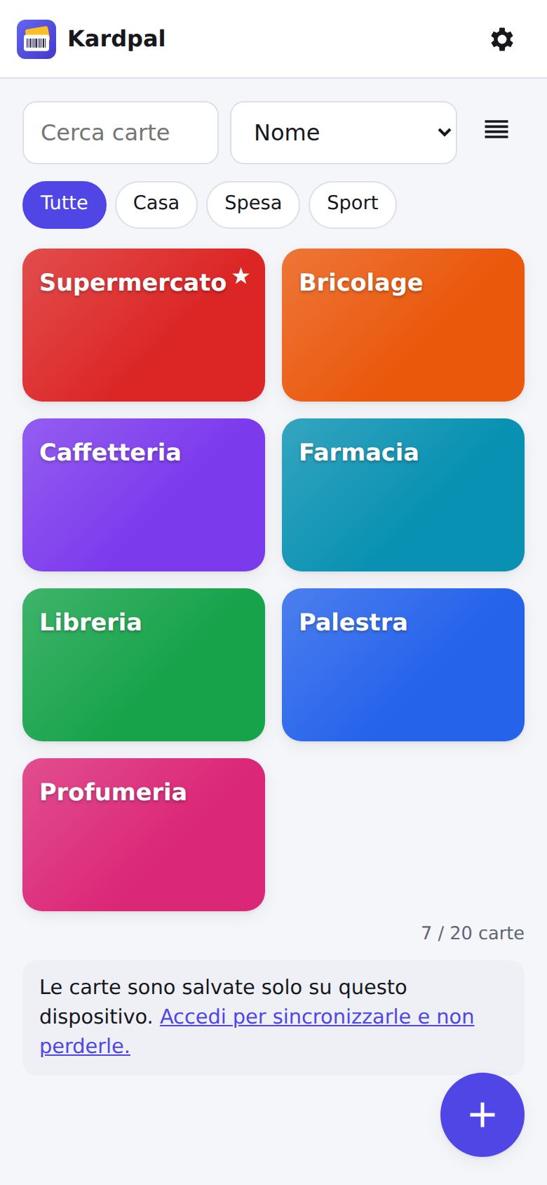 Elenco delle carte fedeltà in Kardpal