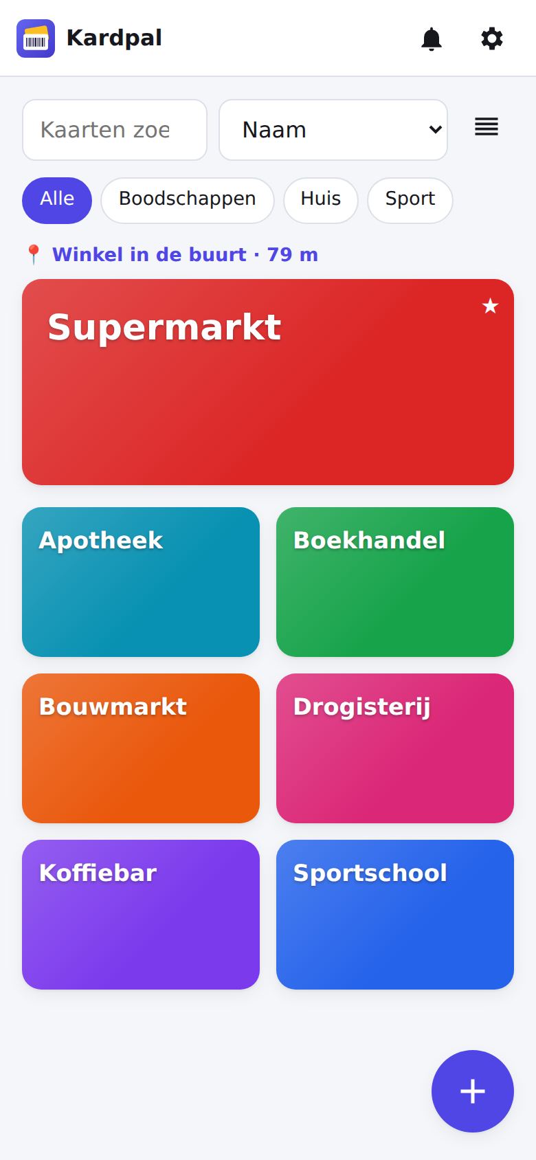 De kaart van de supermarkt in de buurt bovenaan de lijst, met de afstand