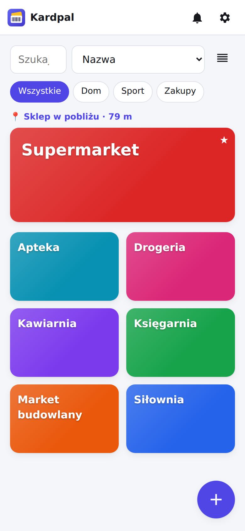 Karta pobliskiego supermarketu na górze listy, z odległością