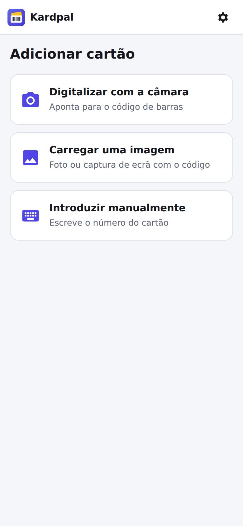 Ecrã para adicionar um cartão novo