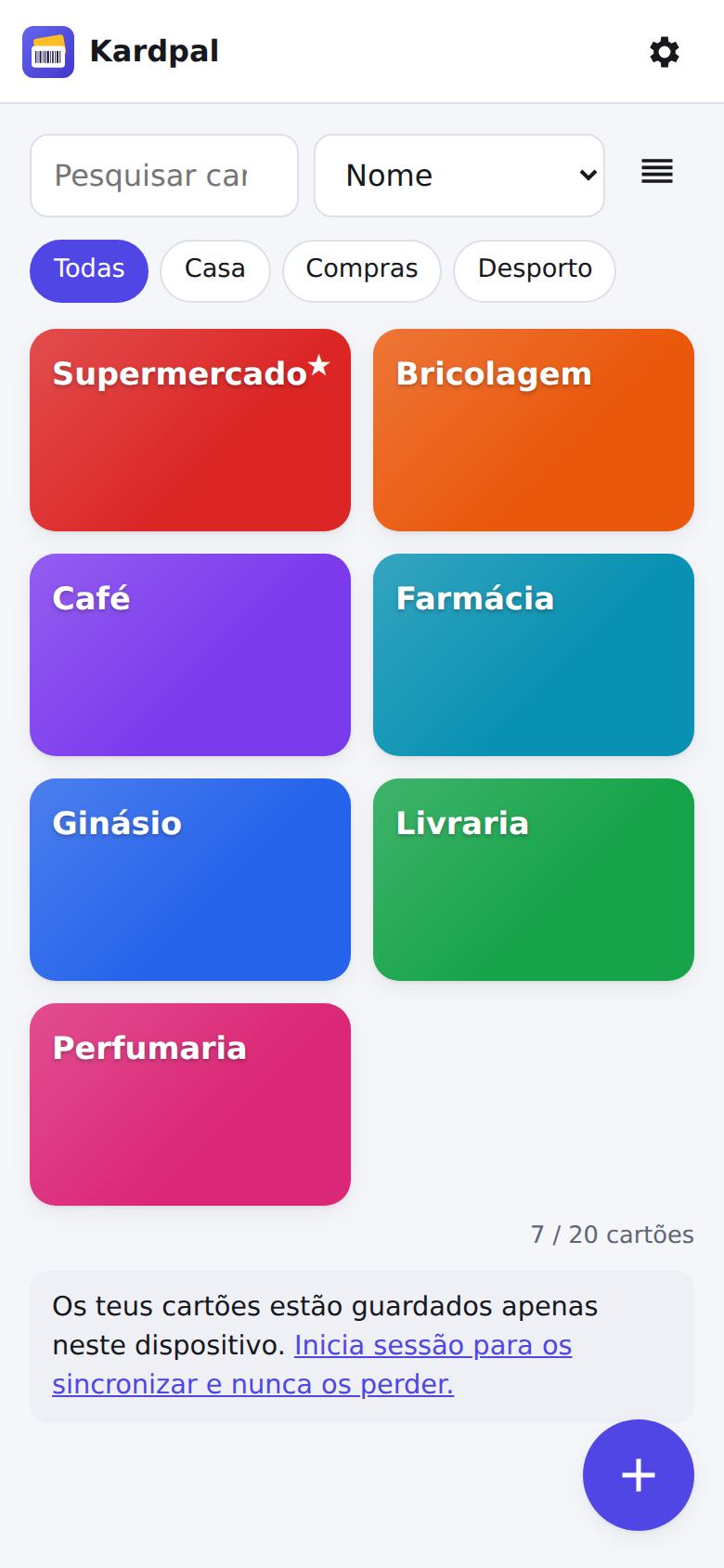 Lista de cartões de fidelização no Kardpal